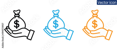 Modern vector icons of hands holding money bags with dollar signs in black, blue, and orange, perfect for finance and business concepts
