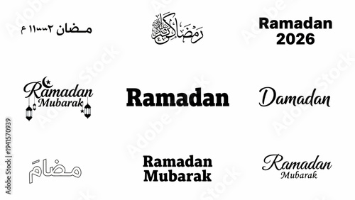 Collection of Ramadan 2026 greeting card designs and typography elements in various fonts and styles
