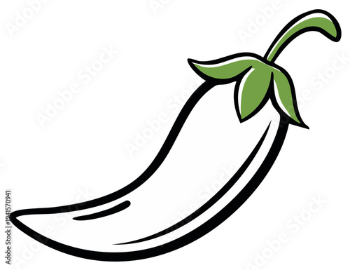 Stylized illustration of a green chili pepper with a black outline and green stem, simple graphic