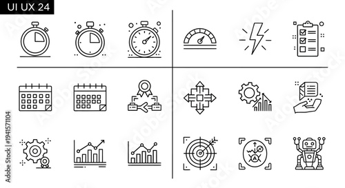 Set of vector outline icons about business management, productivity, time tracking, and data analysis