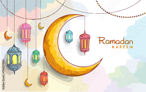 Celebrating Ramadan with hanging lanterns and crescent moon in a festive atmosphere viewed from above