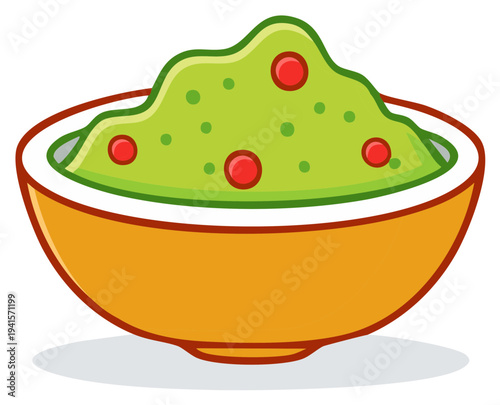 Fresh bowl of traditional Mexican guacamole dip cartoon vector illustration