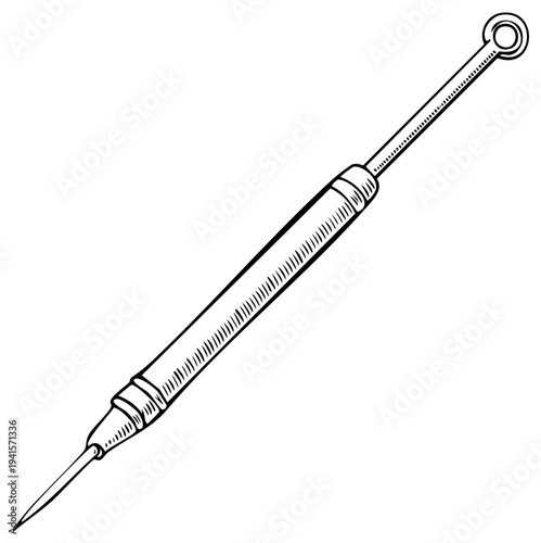 Detailed Drawing of a Vintage Ear Piercing Tool with a Fine Needle and Loop Handle