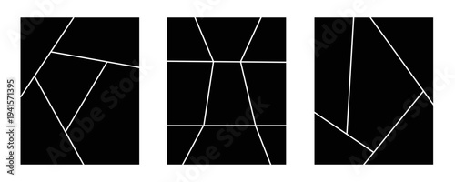 Image collage layout template set. Black mosaic mood board grid collection. Vector 6-7 picture slot composition arrangement. Photo album or memory wall idea for banner, poster, mockup, flyer, brochure