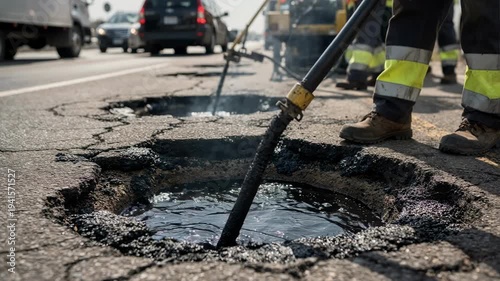 Closeup medium shot of a crew filling potholes with hot sealant on a busy roadway focusing on the precise application for road safety and longevity.