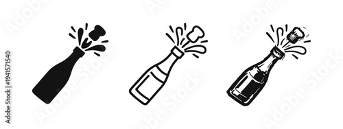 Champagne bottle popping icon set in silhouette, outline, and hand-drawn sketch styles, perfect for celebrations and festive events.