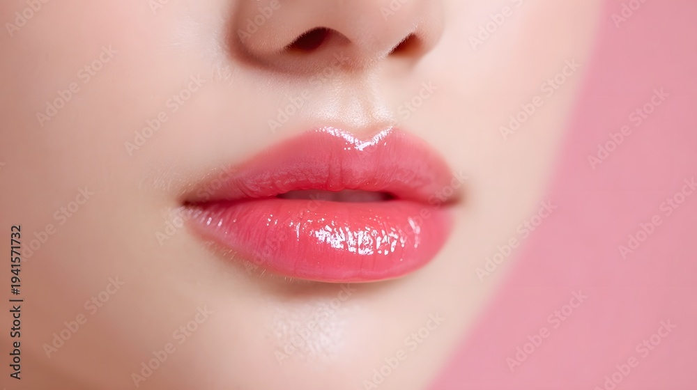 Naklejka premium Ultra ro photography capturing the intricate details of a female s mouth featuring perfect porcelain skin vibrant gradient lip color and natural gloss highlighting a gentle