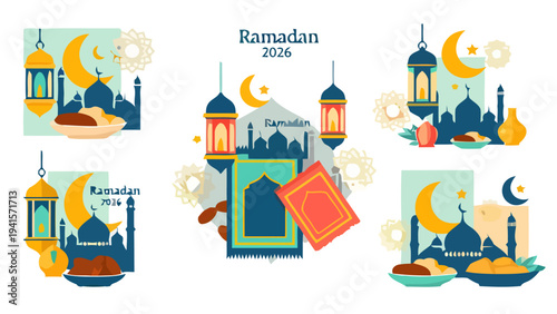 Illustration of Ramadan celebration with mosque, lantern, crescent moon, dates, and Quran in a festive setting viewed from above