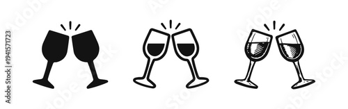 Clinking champagne glasses icon set in various styles: silhouette, outline, and hand-drawn sketch, representing toasts and celebration.