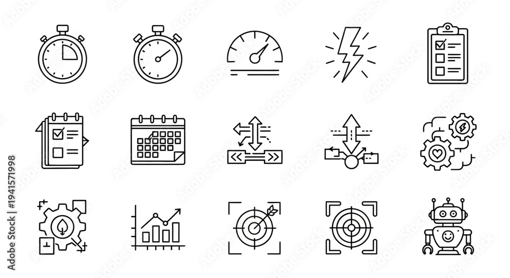 Fototapeta premium Set of time and process management icons with stopwatches and workflow symbols for business efficiency tasks