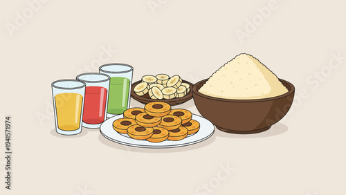 Assorted snacks and beverages arranged on a table with cookies, nuts, and drinks