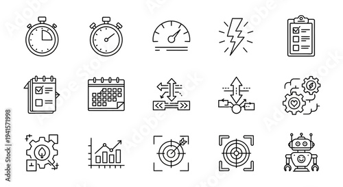 Set of time and process management icons with stopwatches and workflow symbols for business efficiency tasks