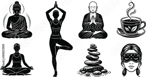 Zen Meditation and Mindfulness Linocut Illustration Set