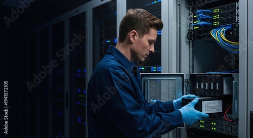 IT Engineer Replacing UPS Battery Module in a Server with Copy Space
