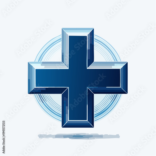 Vibrant blue three-dimensional plus symbol depicting health, first aid, and digital innovation