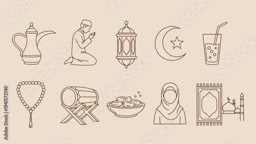 A collection of Islamic cultural symbols and icons, including prayer, food, and decorative elements, depicted in a minimalist line art style.