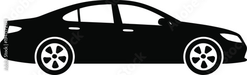 Minimal vector silhouette, sedan car side view passenger vehicle, solid black, isolated on white background.