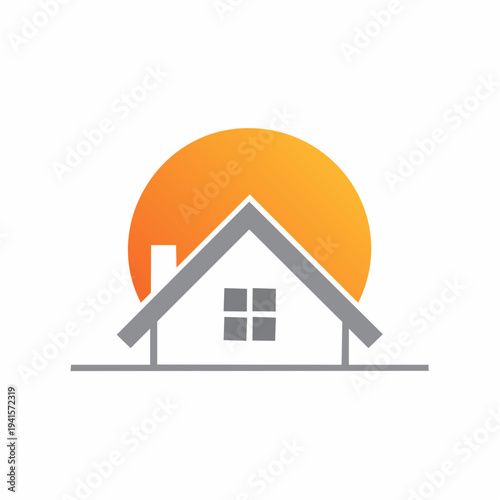 Modern residential property icon featuring a clean house silhouette against a radiant sun