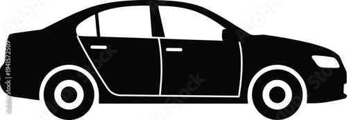 Minimal vector silhouette, sedan car side view passenger vehicle, solid black, isolated on white background.