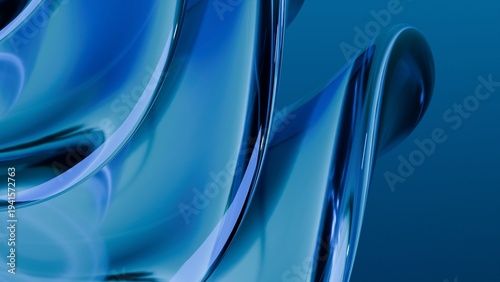 Abstract wavy curved 3d render. Blue soft glass curved circles and lines. Modern wallpaper, texture pattern.