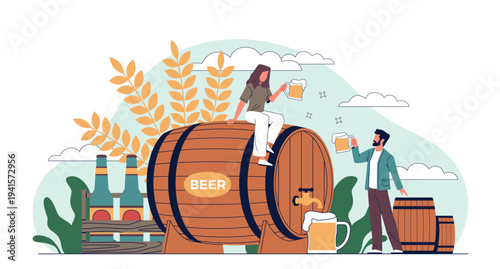 People with beer. Barrel of alcoholic beverage, craft brewing, intoxicating drink, bar culture, drinking buddies, wooden barrel bottles and mugs nowaday vector cartoon isolated concept