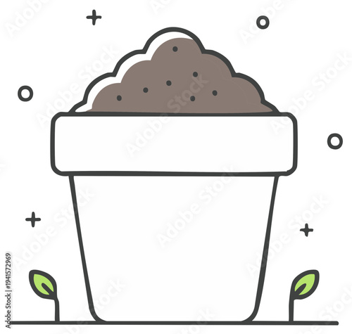 Whimsical doodle style illustration of a flower pot with soil and growing green sprouts