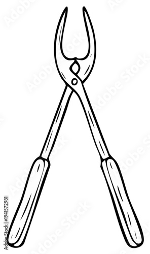 Illustration of a vintage surgical instrument resembling forceps or pliers with wooden handles