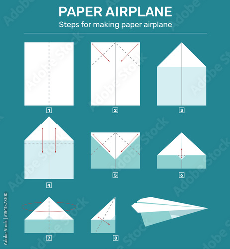 Paper airplane assembly scheme. Plane origami tutorial instructions, dotted lines of folds, step by step process flying handmade toy, qualitative vector flat style isolated concept