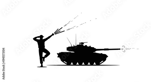 Silhouette of soldier with flamethrower and tank, military concept