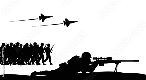 Silhouette of soldiers marching and sniper aiming with fighter jets flying overhead