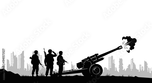 Silhouette of soldiers firing artillery in war-torn city ruins