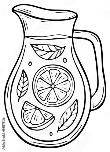 Black and white line art drawing of a glass pitcher filled with refreshing lemonade and fruit slices and leaves