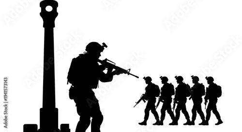Silhouette of soldiers marching with rifle, led by a soldier aiming a weapon, near a lamppost.