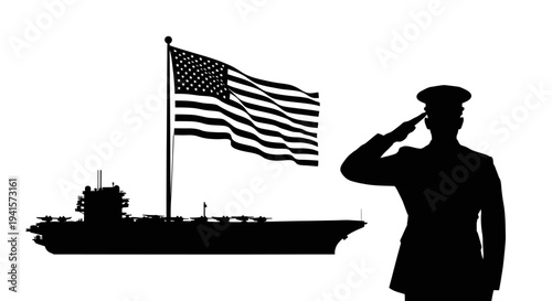 Silhouette of US Navy Officer Saluting American Flag and Aircraft Carrier