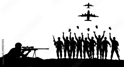 Silhouette of soldiers celebrating victory with planes dropping bombs, sniper aiming