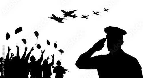 Silhouette of Soldiers Saluting as Planes Fly Overhead, Celebrating Victory