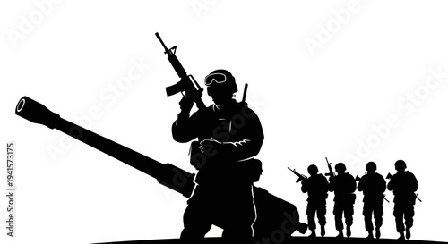 Silhouette of soldiers with rifle and artillery gun against white background