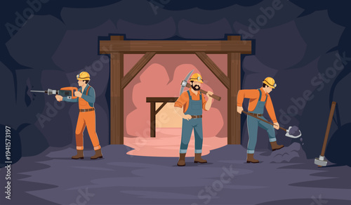 Miners are working. People in overalls drill into cave walls, mining of ore, gold, coa, minerals, underground workers, industrial excavation, labor teamwork tidy vector isolated concept