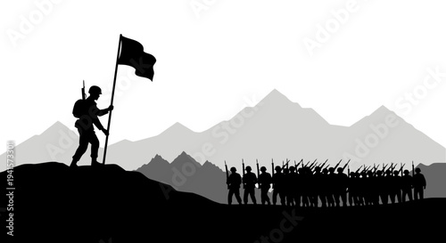Silhouette Soldiers Marching with Flag on Mountain Peak, Victory Concept