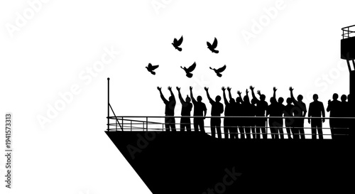 Silhouettes of people on a ship deck releasing doves into the sky, symbolizing freedom and hope.