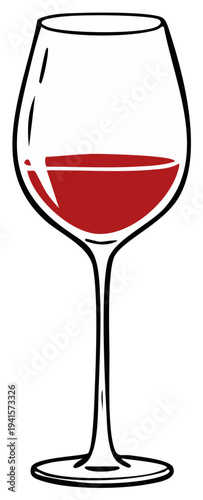 A classic wine glass filled with rich red wine, presented in a clean, bold illustration style