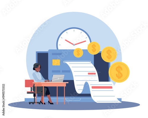 Making payment. Paying from account balance, accountant keeps records of income, finance operations, worker at laptop reviews credit card bill, money management vector cartoon flat concept