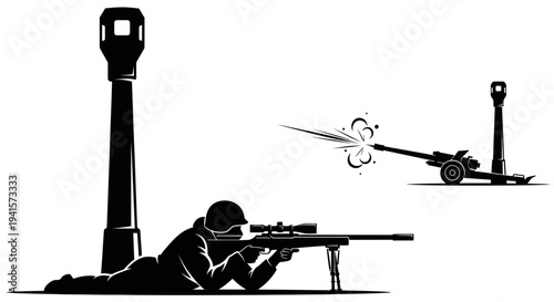 Sniper aiming from cover next to large tower, artillery firing in background