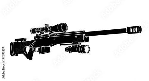 Sniper Rifle Silhouette with Scope and Bipod - Black and White