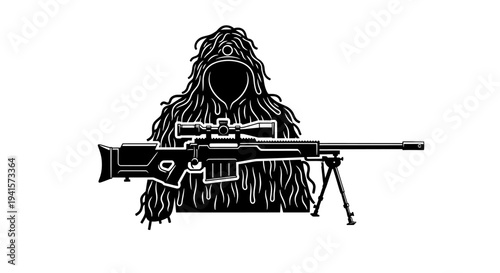 Sniper in Ghillie Suit with Rifle on Bipod, Stealthy Hunter, Military Camouflage