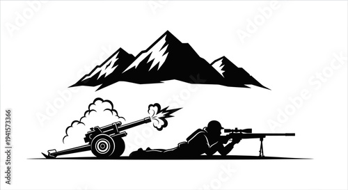 Sniper Aiming Rifle With Artillery Gun Firing in Mountains Silhouette