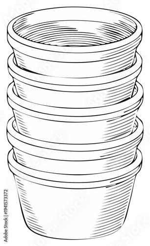 Stacked empty gardening pots black and white illustration ready for planting and cultivating