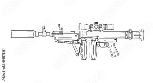 Sniper Rifle with Silencer and Scope - Line Art Illustration