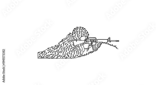 Sniper Camouflage Soldier Aiming Rifle, Military Combat, Stealth Operation, Reconnaissance