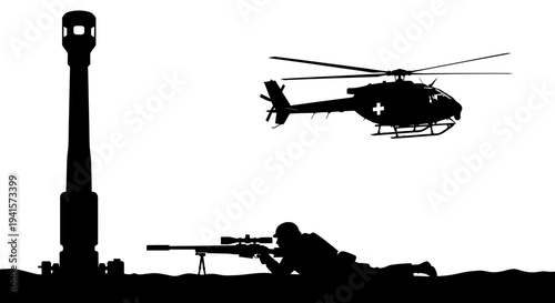Sniper Soldier Aiming Rifle Near Tower with Medical Helicopter Flying Overhead